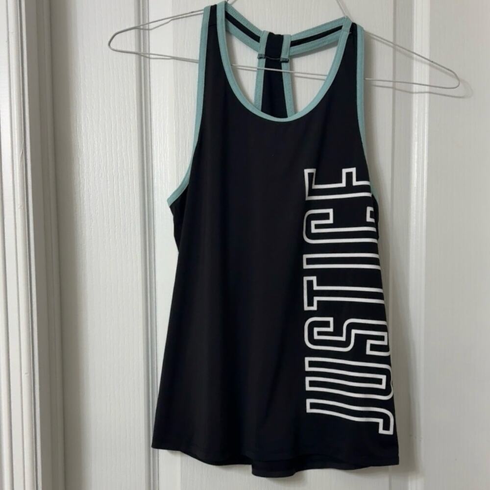 Justice active tank top teal trim Hustle logo graphic size 12